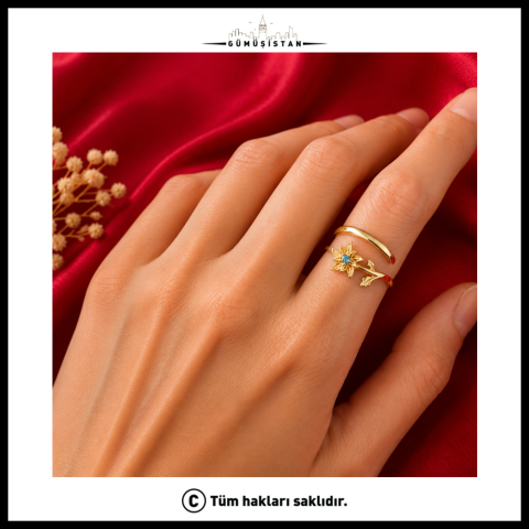 Trend Bujiteri Aralık Ayı Mavi Topaz & Çobanpüskülü Doğum Çiçeği Yüzüğü