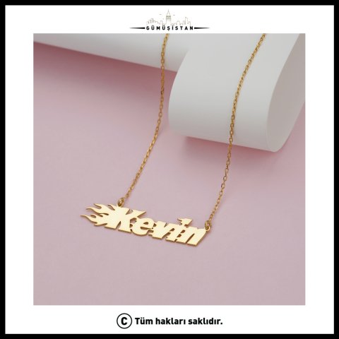 925 Ayar Gümüş Alev ve İsim Detaylı Kolye