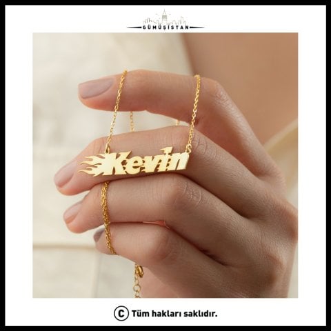 925 Ayar Gümüş Alev ve İsim Detaylı Kolye