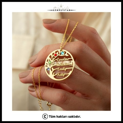 925 Ayar Gümüş İsim Ve Doğum Taşlı Detaylı Hayat Ağacı Kolye