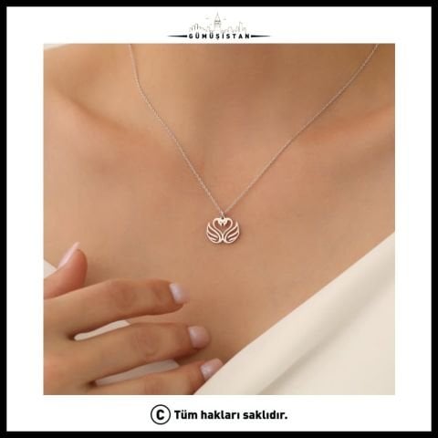 Kuğu Çifti Kalp Figürlü Kolye – 925 Ayar Gümüş ve Pirinç Seçenekli