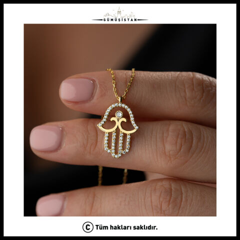 925 Ayar Gümüş Fatma Ana Eli Kolye – Zirkon Taşlı Hamsa El Kolye, Nazar Koruyucu Şans ve Bereket Sembolü