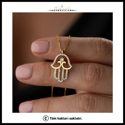 925 Ayar Gümüş Fatma Ana Eli Kolye – Zirkon Taşlı Hamsa El Kolye, Nazar Koruyucu Şans ve Bereket Sembolü