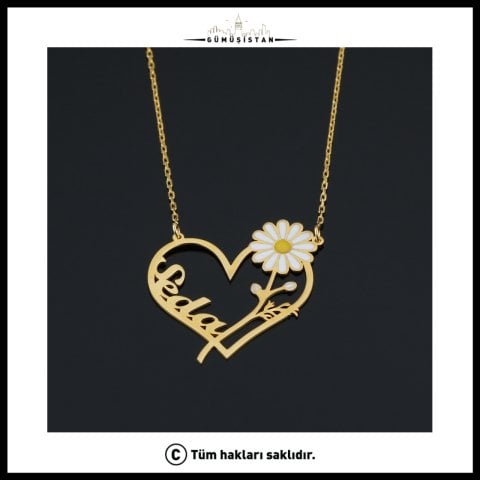 925 Ayar Gümüş Papatyalı İsimli Kalp Kolye