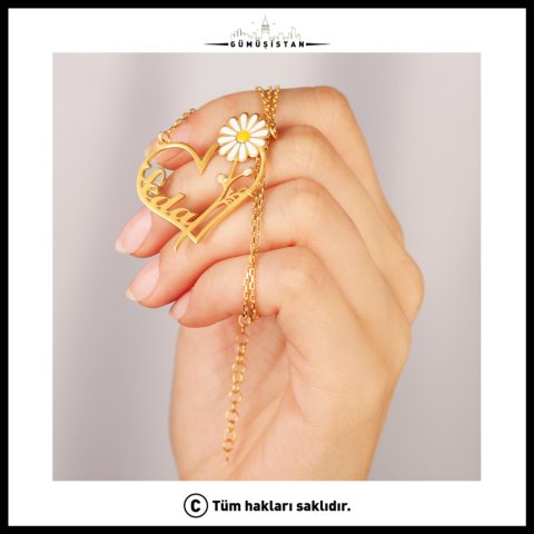 925 Ayar Gümüş Papatyalı İsimli Kalp Kolye