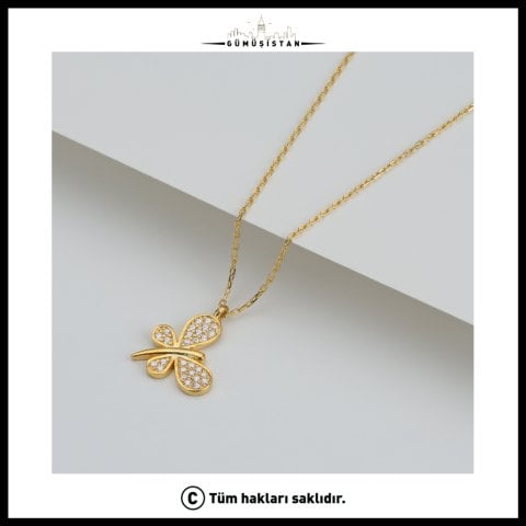 Zirkon Taşlı Kelebek Kolye – 925 Ayar Gümüş Işıltılı Kadın Kolye