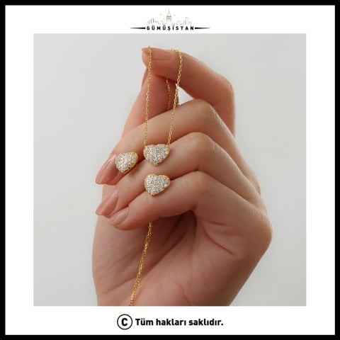 925 Ayar Gümüş Taş Detaylı Kalpli Küpe-Kolye Set