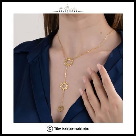 925 Ayar Gümüş Altın Kaplama Güneş Işıltısı Kolye
