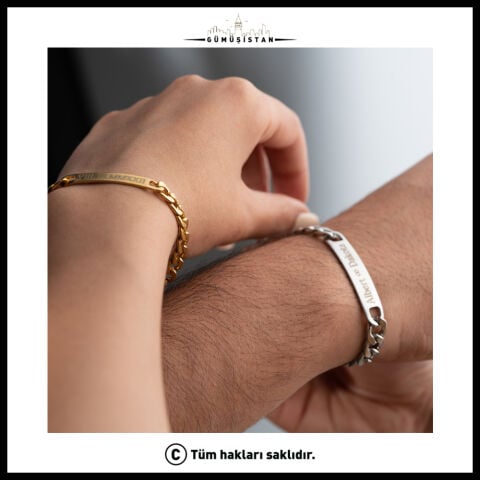 Kişiye Özel İsim ve Tarih Yazılı Çelik Çift Bileklik – Gümüş ve Altın Renk