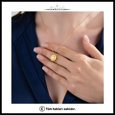 925 Ayar Gümüş Kalpli Güneş Kolye