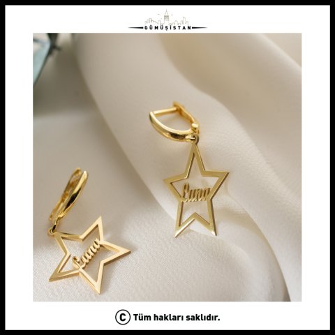 925 Ayar Gümüş Kişiye Özel İsim Detaylı Yıldız Küpe