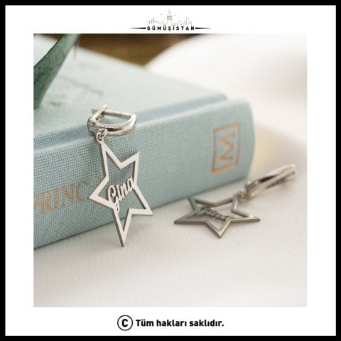 925 Ayar Gümüş Kişiye Özel İsim Detaylı Yıldız Küpe