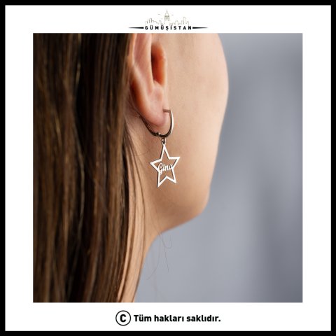 925 Ayar Gümüş Kişiye Özel İsim Detaylı Yıldız Küpe