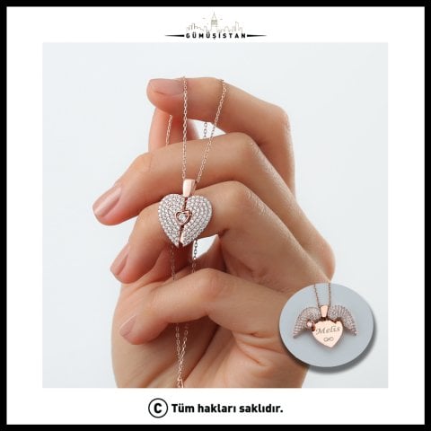 925 Ayar Açılıp Kapanan Kanatlı Taş Detaylı Kalp Kolye