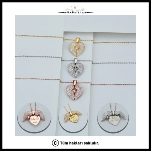 925 Ayar Açılıp Kapanan Kanatlı Taş Detaylı Kalp Kolye