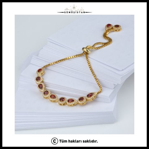 925 Ayar Gümüş Kırmızı Damla Taşlı Asansörlü Bileklik