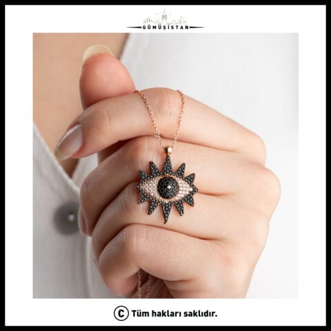925 Ayar Gümüş Siyah Taşlı Göz ve Güneş Figürlü Rose Gold Kadın Kolye