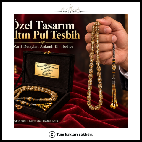 Özel Tasarım Toz Kehribar Koleksiyon Tesbih – Altın Renk Detaylı Şampanya Tonu