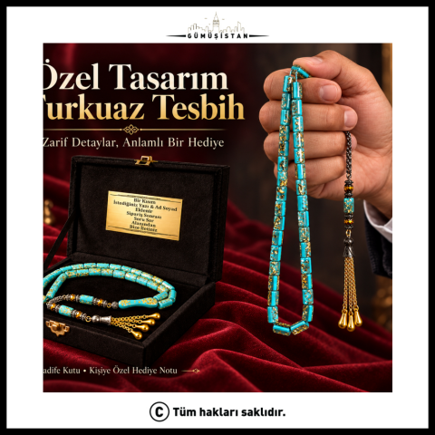 Özel Kutulu Turkuaz Renk Toz Kehribar Koleksiyon Tesbih – Altın Renk Detaylı Özel Tasarım