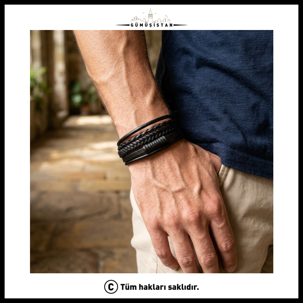 Multi Katmanlı Black Leather Men's Bracelet Woven Detailed Steel Magnetic Design