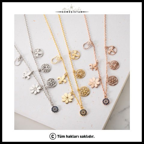 925 Ayar Gümüş Lotus & Yaşam Çiçekli Nazarlı Şans Kolyesi
