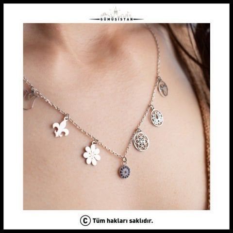 925 Ayar Gümüş Lotus & Yaşam Çiçekli Nazarlı Şans Kolyesi