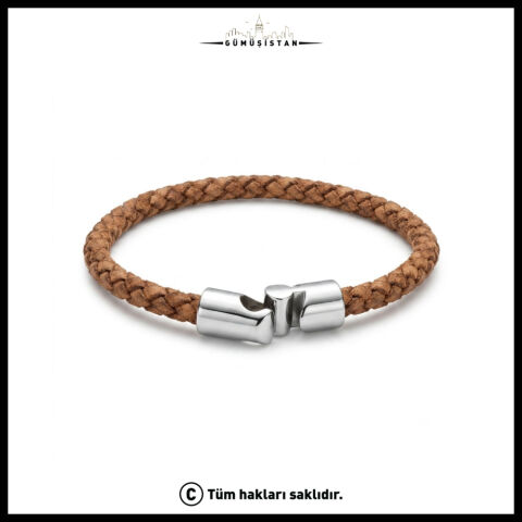 Taba Örgü Deri Erkek Bileklik – Parlak Çelik Mıknatıslı Minimal Tasarım