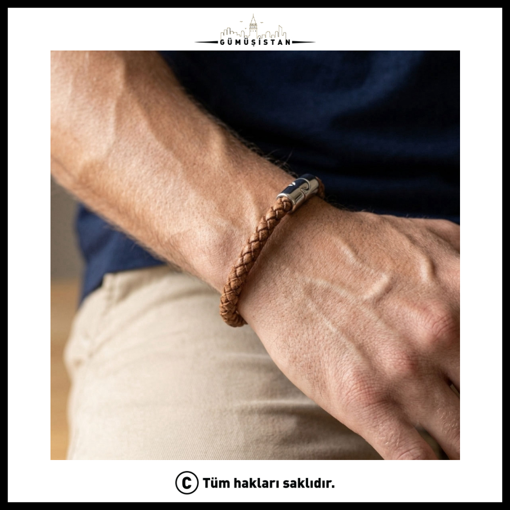 Taba Woven Leather Men's Bracelet Polished Steel Magnetic Minimal Design