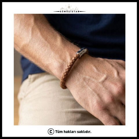 Taba Örgü Deri Erkek Bileklik – Parlak Çelik Mıknatıslı Minimal Tasarım