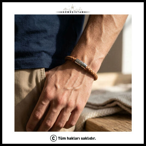 Taba Örgü Deri Erkek Bileklik – Parlak Çelik Mıknatıslı Minimal Tasarım