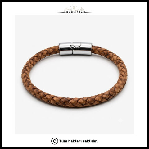 Taba Örgü Deri Erkek Bileklik – Parlak Çelik Mıknatıslı Minimal Tasarım