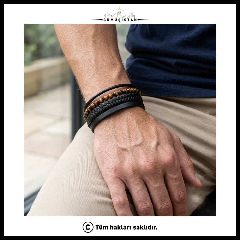 Tiger's Eye Bead Detailed Multi Row Black Leather Steel Men's Bracelet