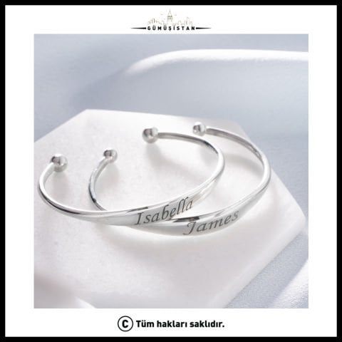 925 Ayar Gümüş Kişiye Özel İsimli Tarihli Unisex Kelepçe Bileklik