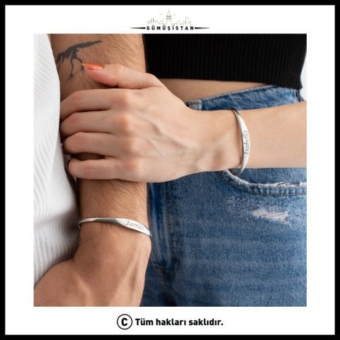 925 Ayar Gümüş Kişiye Özel İsimli Tarihli Unisex Kelepçe Bileklik