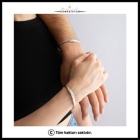 925 Ayar Gümüş Kişiye Özel İsimli Tarihli Unisex Kelepçe Bileklik