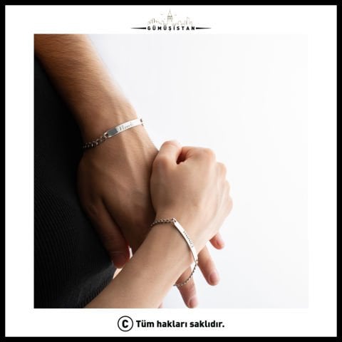 Kişiye Özel İsim ve Tarih Yazılı 925 Ayar Gümüş Çift Bileklik ( ÇİFT - 2 Adet )