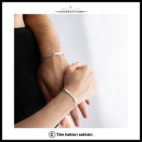 Kişiye Özel İsim ve Tarih Yazılı 925 Ayar Gümüş Çift Bileklik ( ÇİFT - 2 Adet )