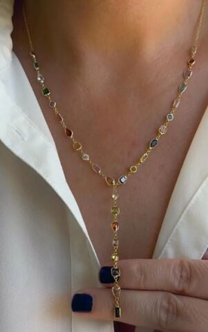 Renkli Zirkon Taşlı Y Kolye - 925 Ayar Gümüş