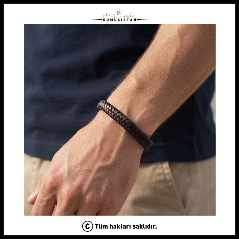 Kahverengi Woven Leather & Black Steel Men's Bracelet
