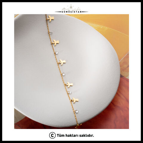 925 Ayar Gümüş Melek Figürlü Zirkon Taşlı Halhal – Gold Sallantılı Kadın Halhalı