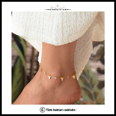 925 Ayar Gümüş Melek Figürlü Zirkon Taşlı Halhal – Gold Sallantılı Kadın Halhalı