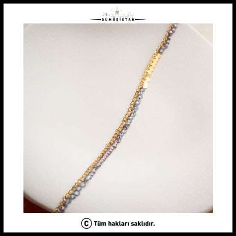925 Ayar Gümüş Kristal Taşlı Pullu Halhal – Işıltılı Gold Sallantılı Kadın Halhalı