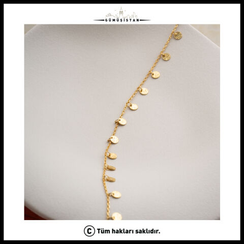 925 Ayar Gümüş Sallantılı Pullu Halhal – Gold Minimal Kadın Ayak Bilekliği
