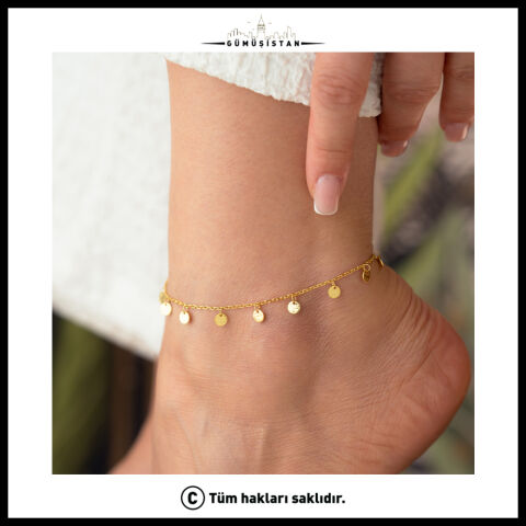 925 Ayar Gümüş Sallantılı Pullu Halhal – Gold Minimal Kadın Ayak Bilekliği