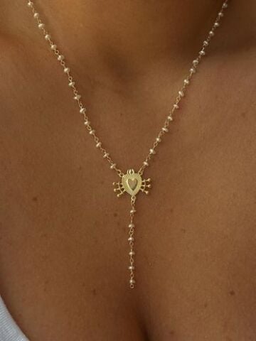 İncili & Kalp Simgeli Y Kolye - 925 Ayar Gümüş