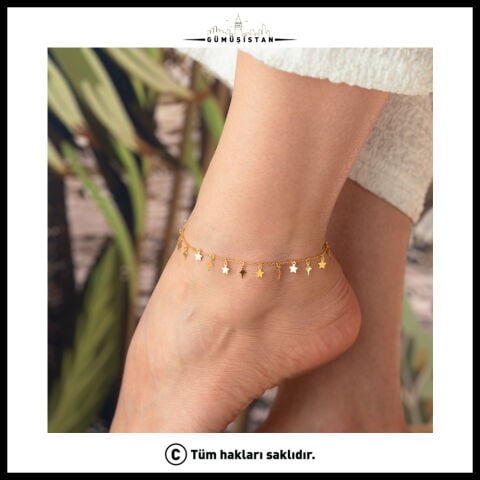 925 Ayar Gümüş Sallantılı Yıldız Figürlü Halhal – Gold Minimal Kadın Ayak Bilekliği
