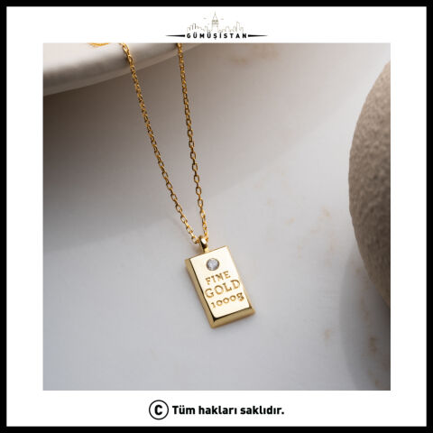 925 Ayar Gümüş Gold Külçe Kolye – Zirkon Taşlı Fine Gold Bar Kadın Kolye