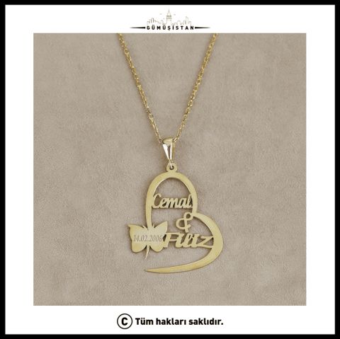 925 Ayar Gümüş İsimli Kelebekli Kalp Kolye