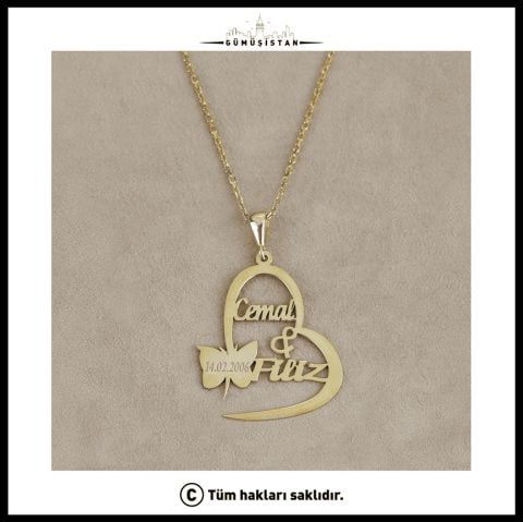 Kişiye Özel Çift İsimli Kalp Kolye – Tarihli İsimli Kelebekli Sevgili Kolyesi