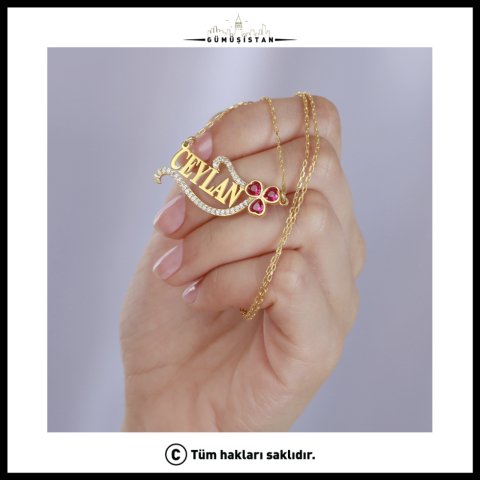925 Ayar Gümüş Pembe Taşlı İsimli Kolye